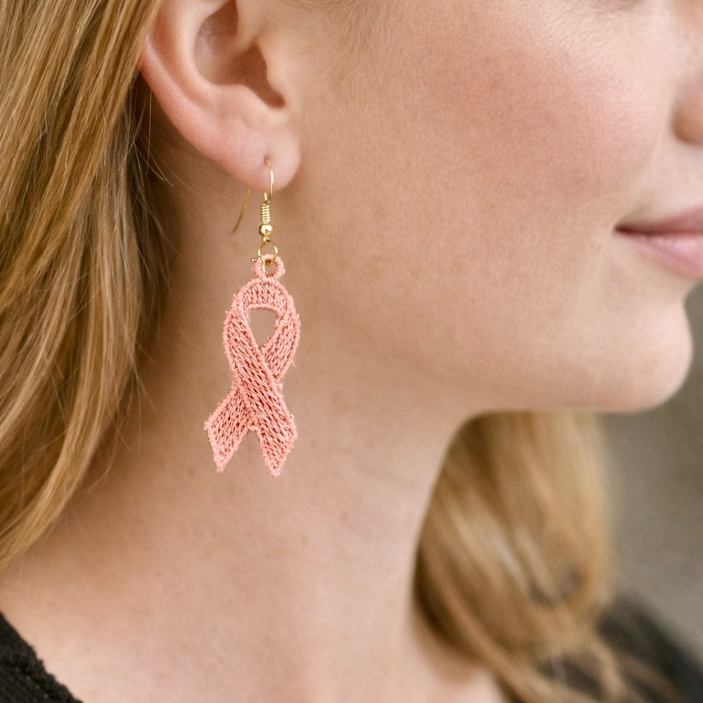 Embroidered Freestanding Lace Breast Cancer Pink Ribbon Earrings.